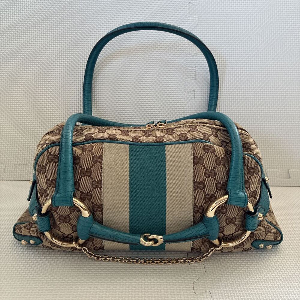 GUCCI Horsebit Chain Bowling Bag Boston GG Canvas Turquoise Blue